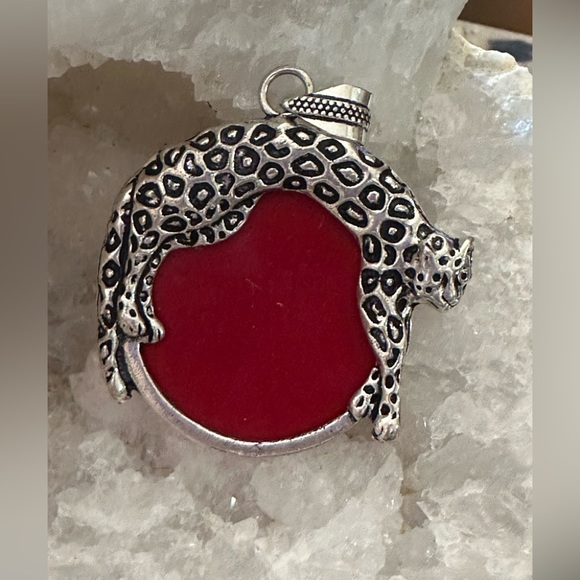 Natural Round Red Coral Pendant with Leopard on top. - Picture 4 of 4